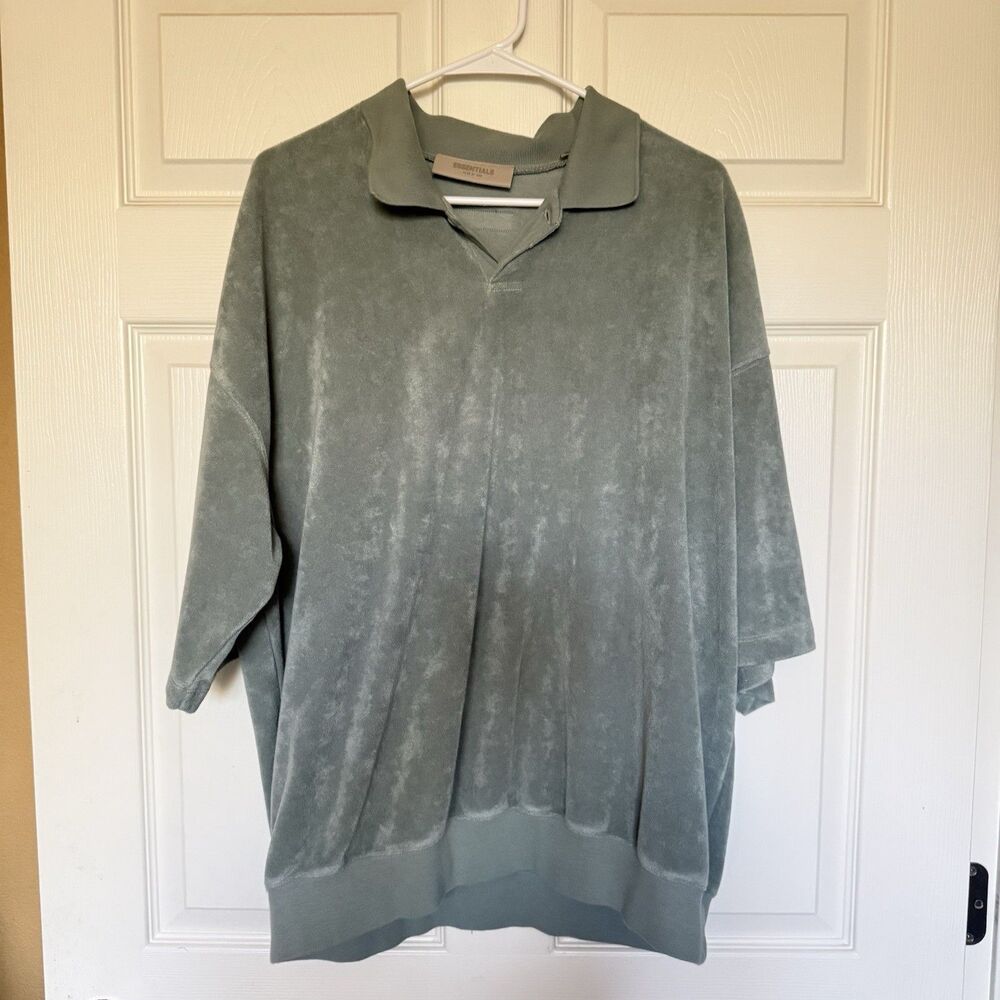 Fear of God Essentials Terry Shirt Polo Men's Size Medium Green Short Sleeve